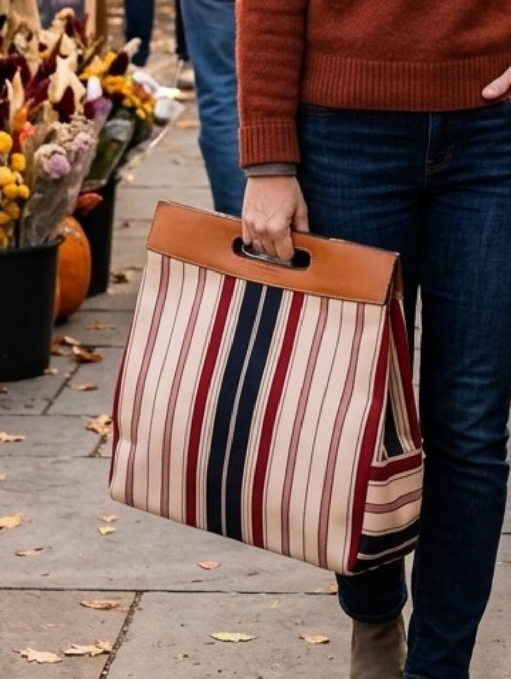 Sequoia WAXED🐝COTTON/Leather Handle Striped Bag Sz 13.5" Wide × 14" Hight x 6"